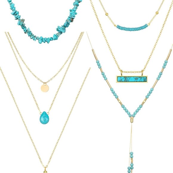 6 Pieces Gold Layered Necklaces for Women Boho Long Chain Tassels Choker - Picture 1 of 7